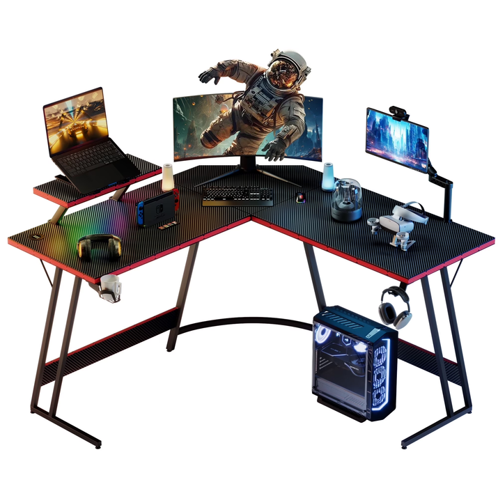 L-Shaped Gaming Desk 51.2 Inches Corner Office Desk with Removable Monitor Riser, Black