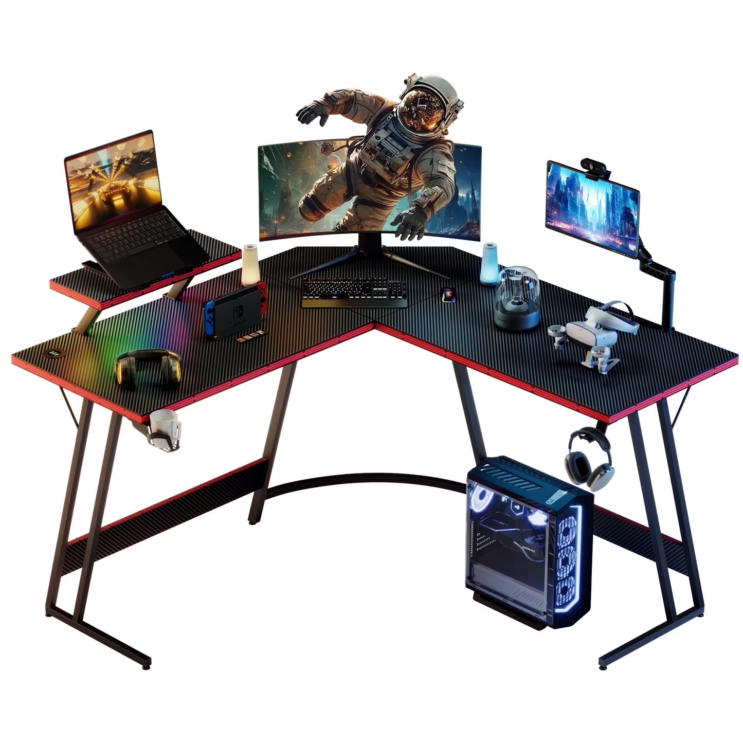L-Shaped Gaming Desk 51.2 Inches Corner Office Desk with Removable Monitor Riser, Black