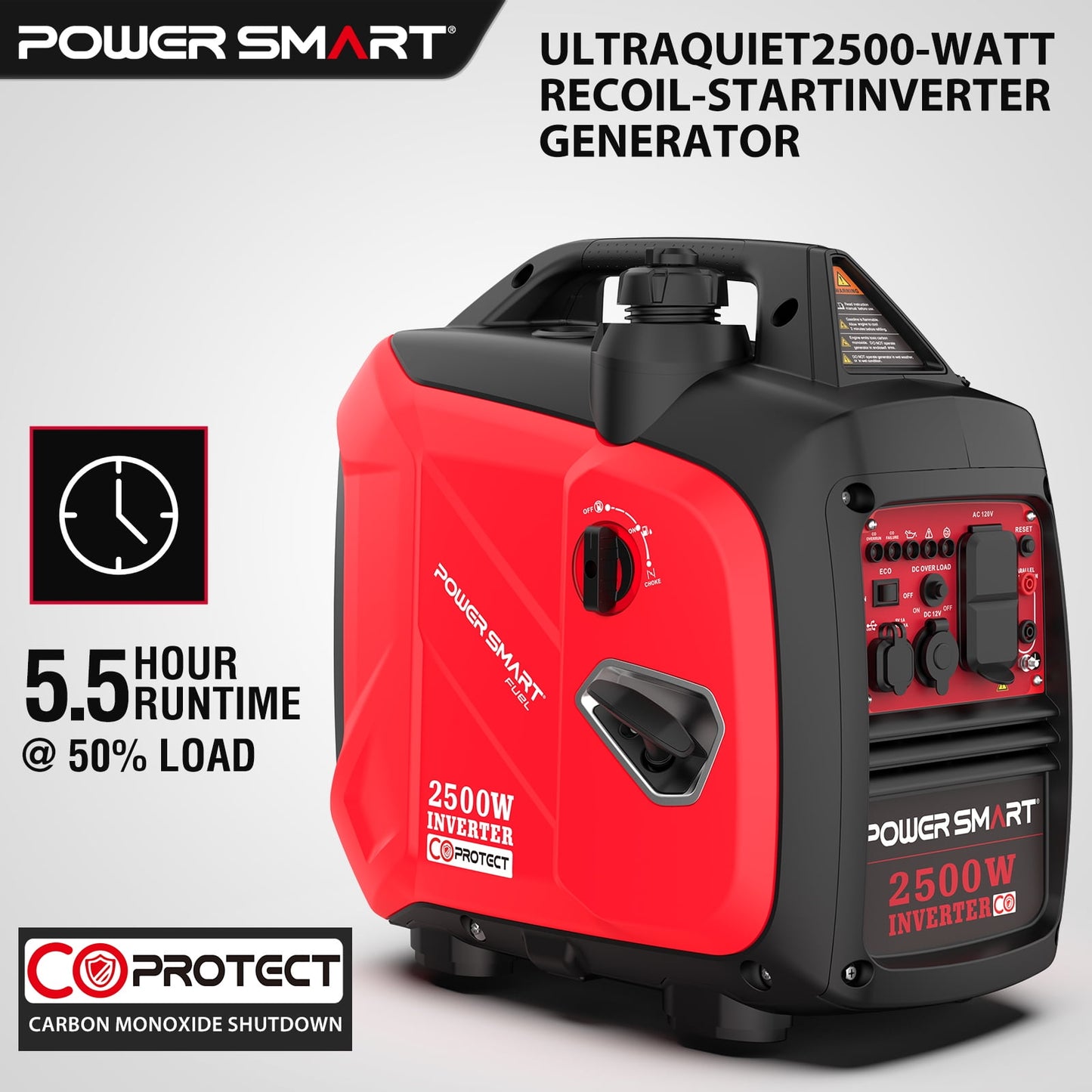 PowerSmart 2500W Portable Inverter Gas Generator, CO Detect Super Quiet Low Oil Shutdown,for Camping