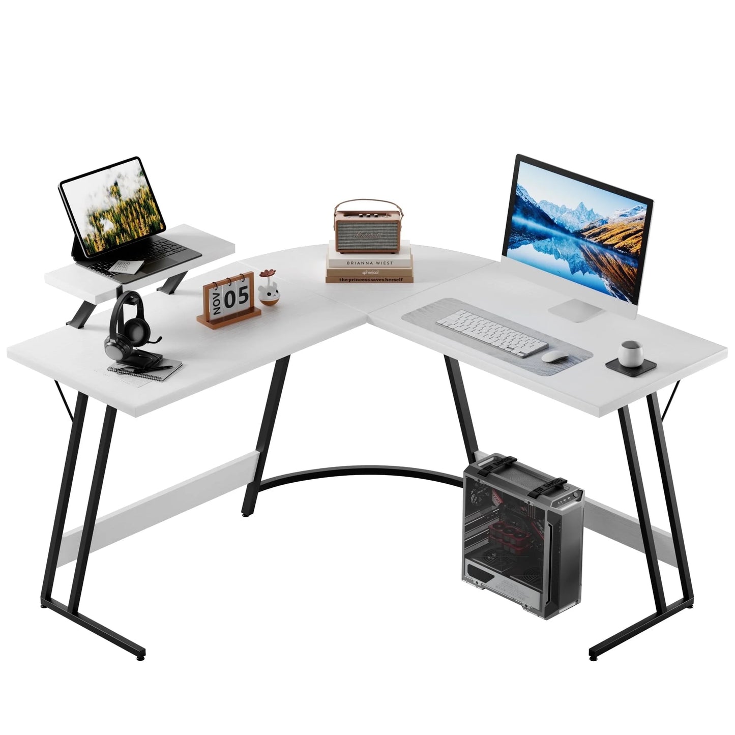 L-Shaped Gaming Desk 51.2 Inches Corner Office Desk with Removable Monitor Riser, Black