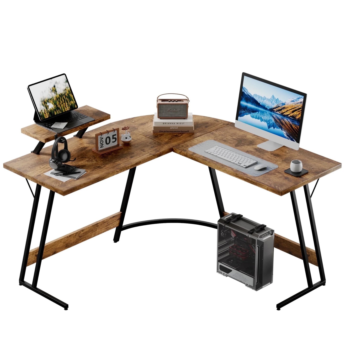 L-Shaped Gaming Desk 51.2 Inches Corner Office Desk with Removable Monitor Riser, Black