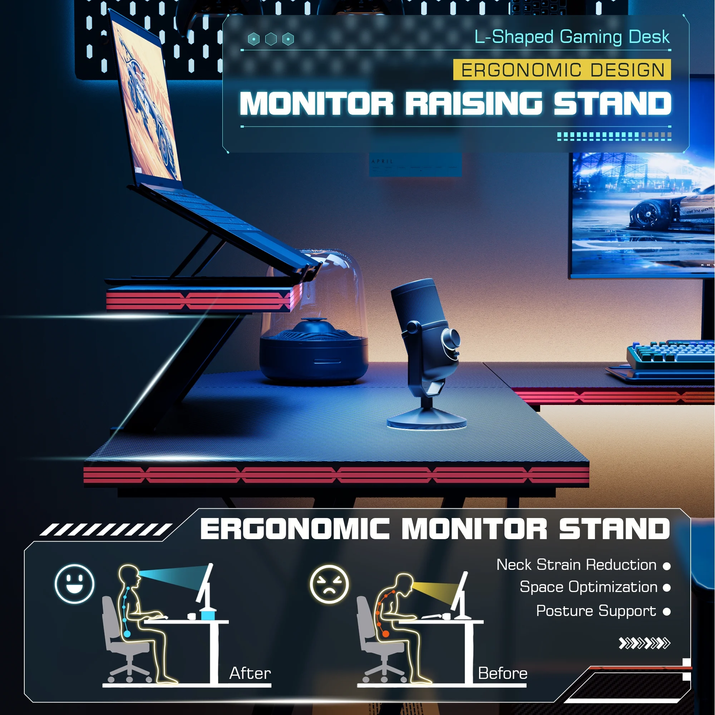 L-Shaped Gaming Desk 51.2 Inches Corner Office Desk with Removable Monitor Riser, Black