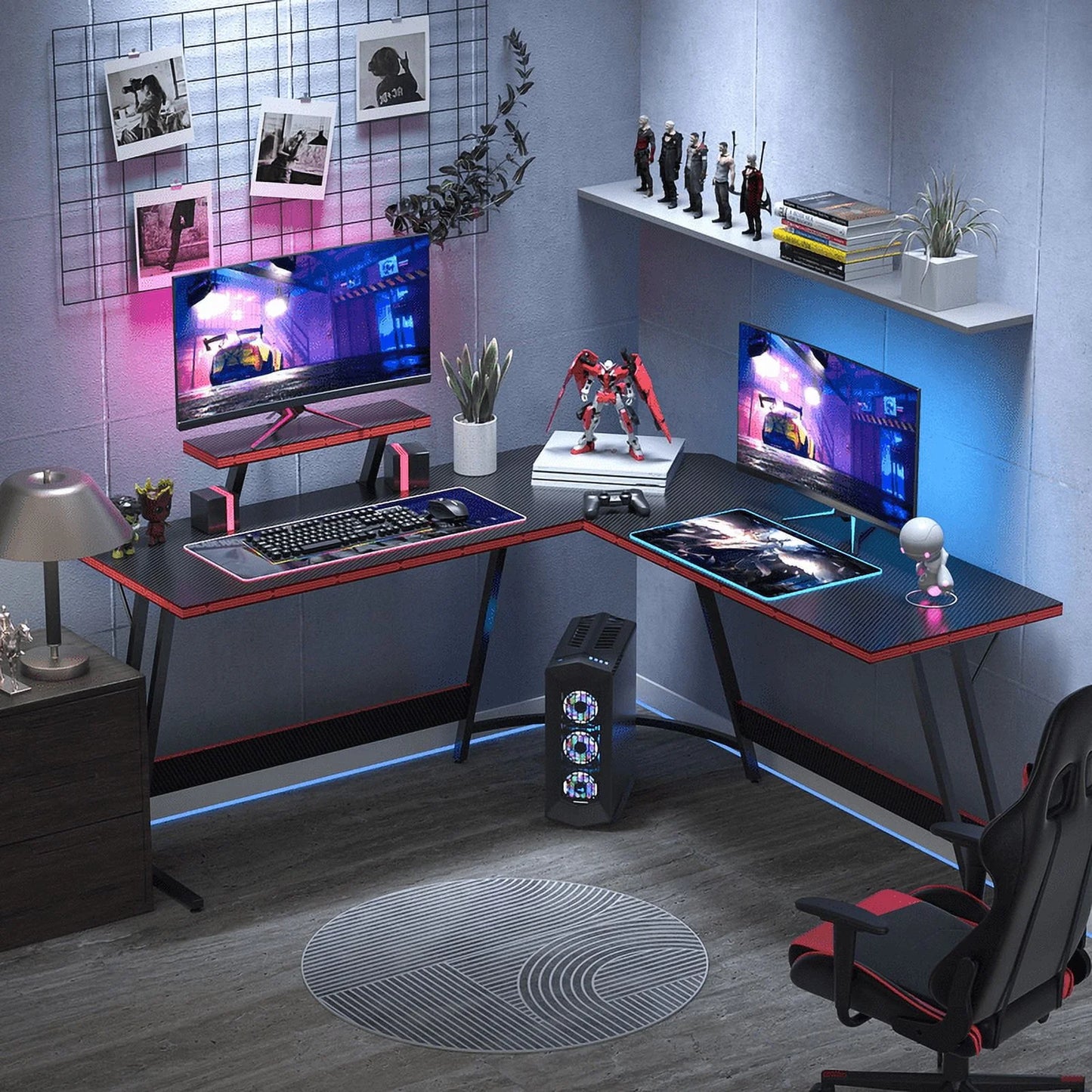L-Shaped Gaming Desk 51.2 Inches Corner Office Desk with Removable Monitor Riser, Black