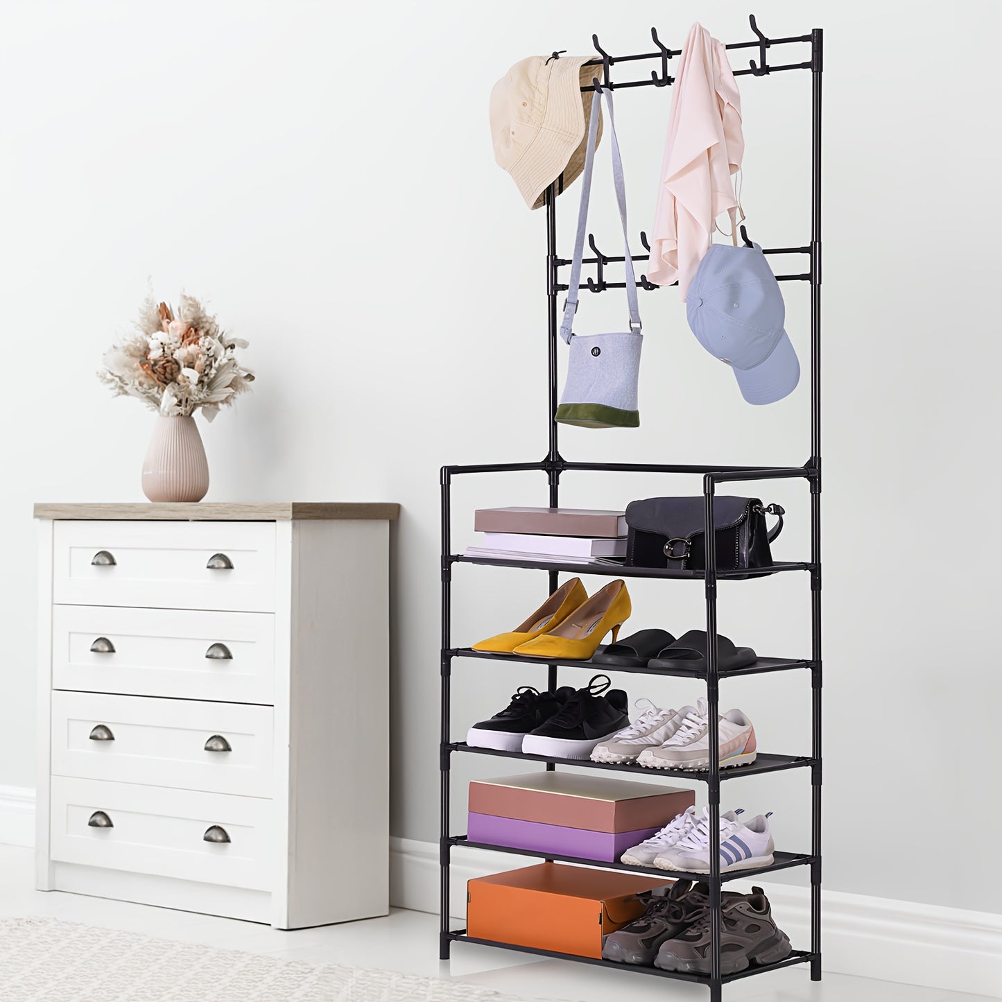 Black Shoe Rack - 5-tier Multifunctional Metal Coat Rack with 8 Double Hooks