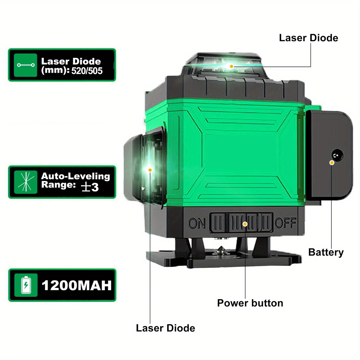 Green Laser Level Kit - 360° Self-Leveling, 16 Lines, Remote Control, Rechargeable Battery, Tripod Stand, Portable Hard Case
