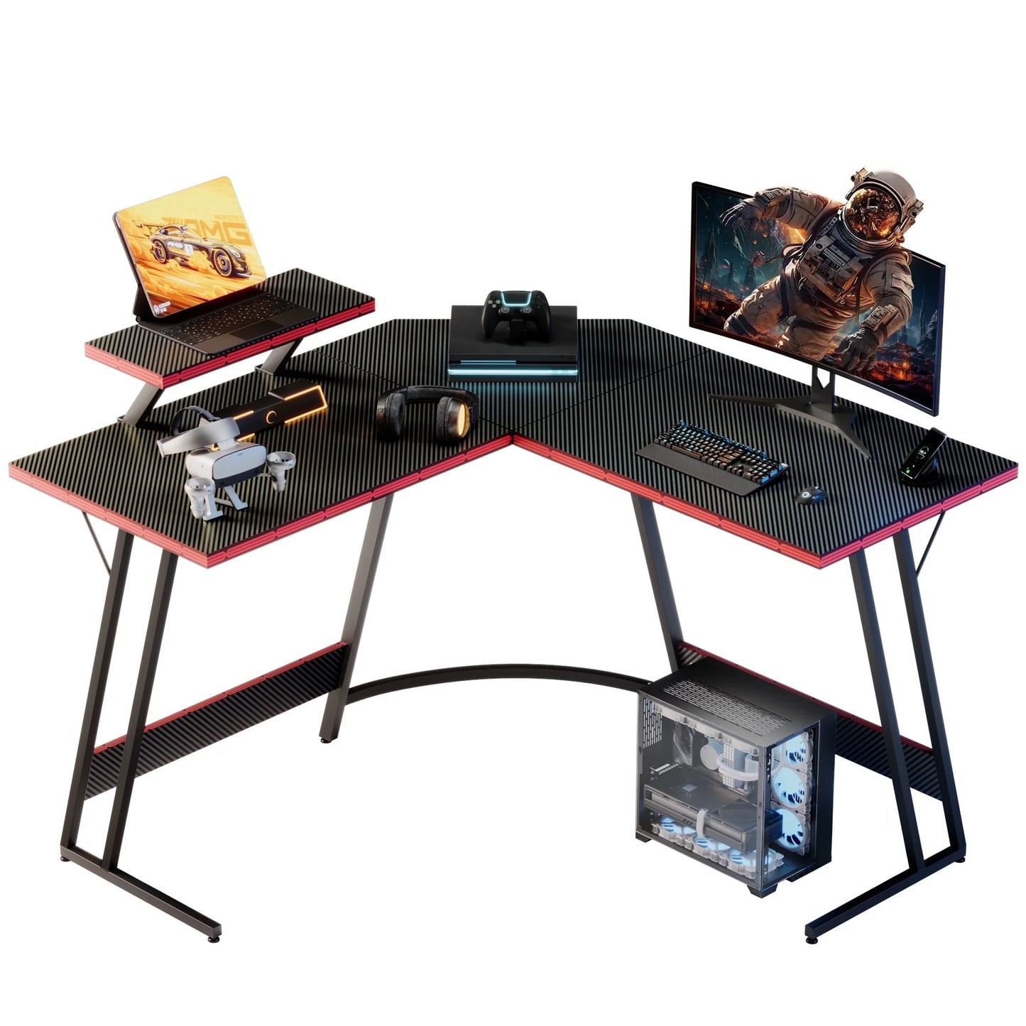 L-Shaped Gaming Desk 51.2 Inches Corner Office Desk with Removable Monitor Riser, Black