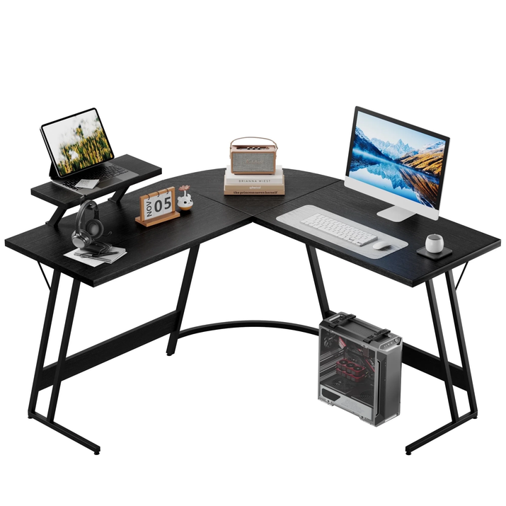 L-Shaped Gaming Desk 51.2 Inches Corner Office Desk with Removable Monitor Riser, Black