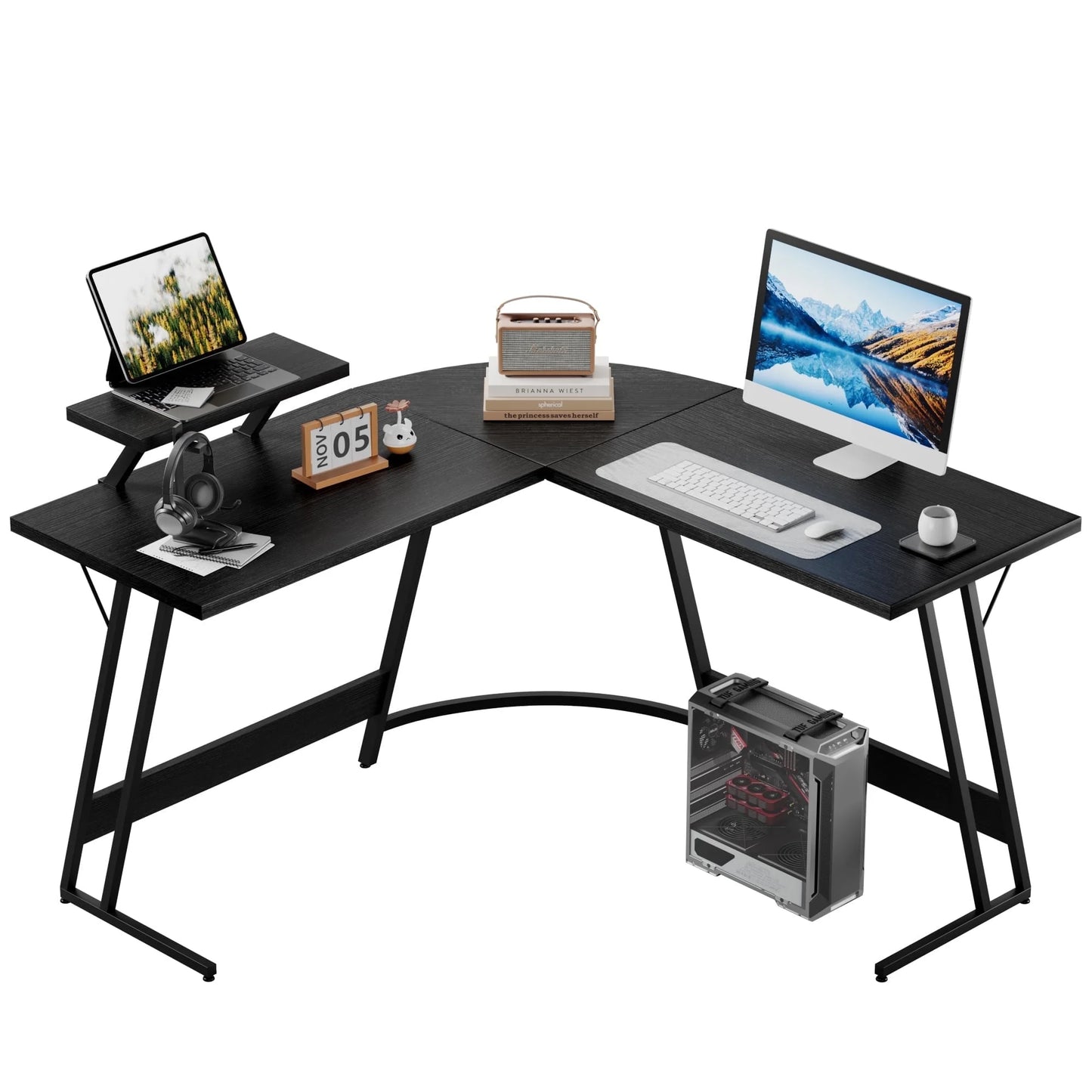 L-Shaped Gaming Desk 51.2 Inches Corner Office Desk with Removable Monitor Riser, Black