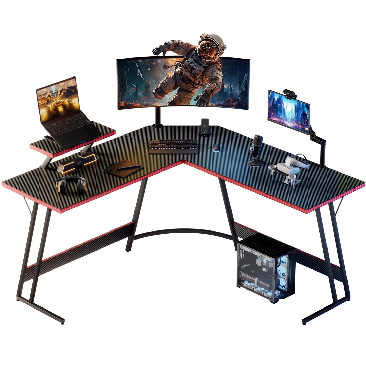 L-Shaped Gaming Desk 51.2 Inches Corner Office Desk with Removable Monitor Riser, Black