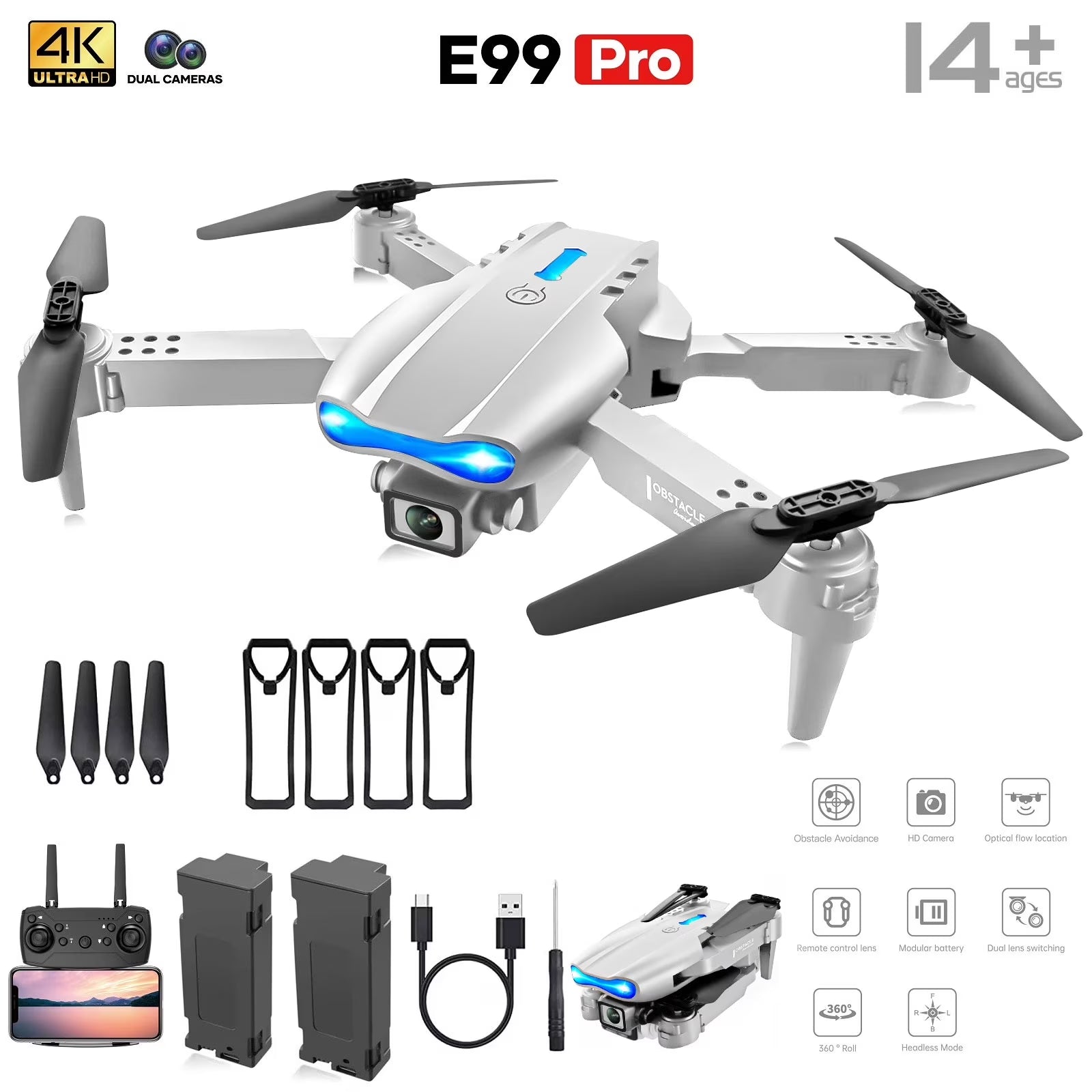 Drone with 4K HD Dual Camera for Adults Kids, RC Quadcopter with 2 Modular 1800Mah Batteries for 30 Mins Long Flight
