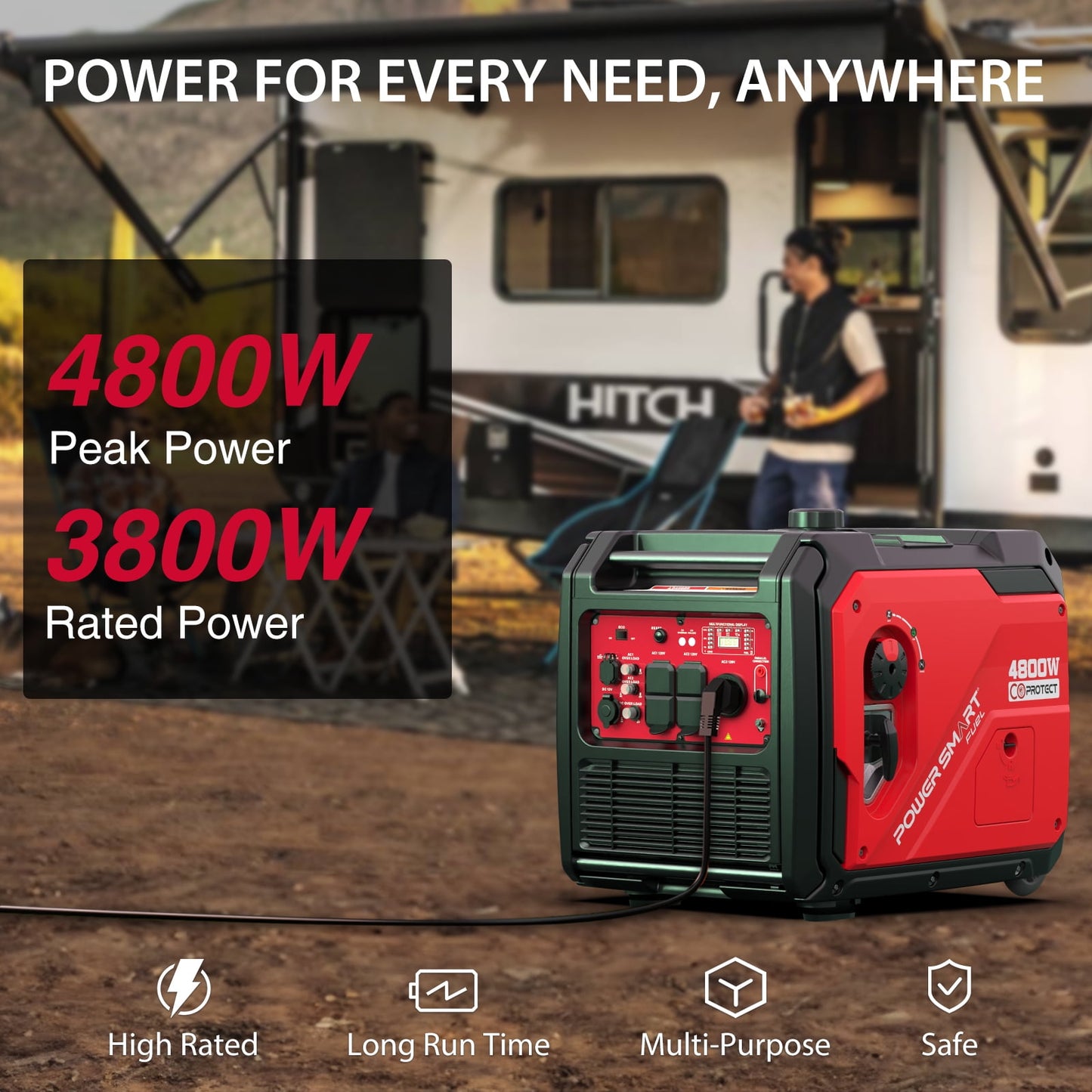 PowerSmart 4800W Gas Powered Inverter Generator CO Detect with Manual Start Portable wheel,for Outdoor