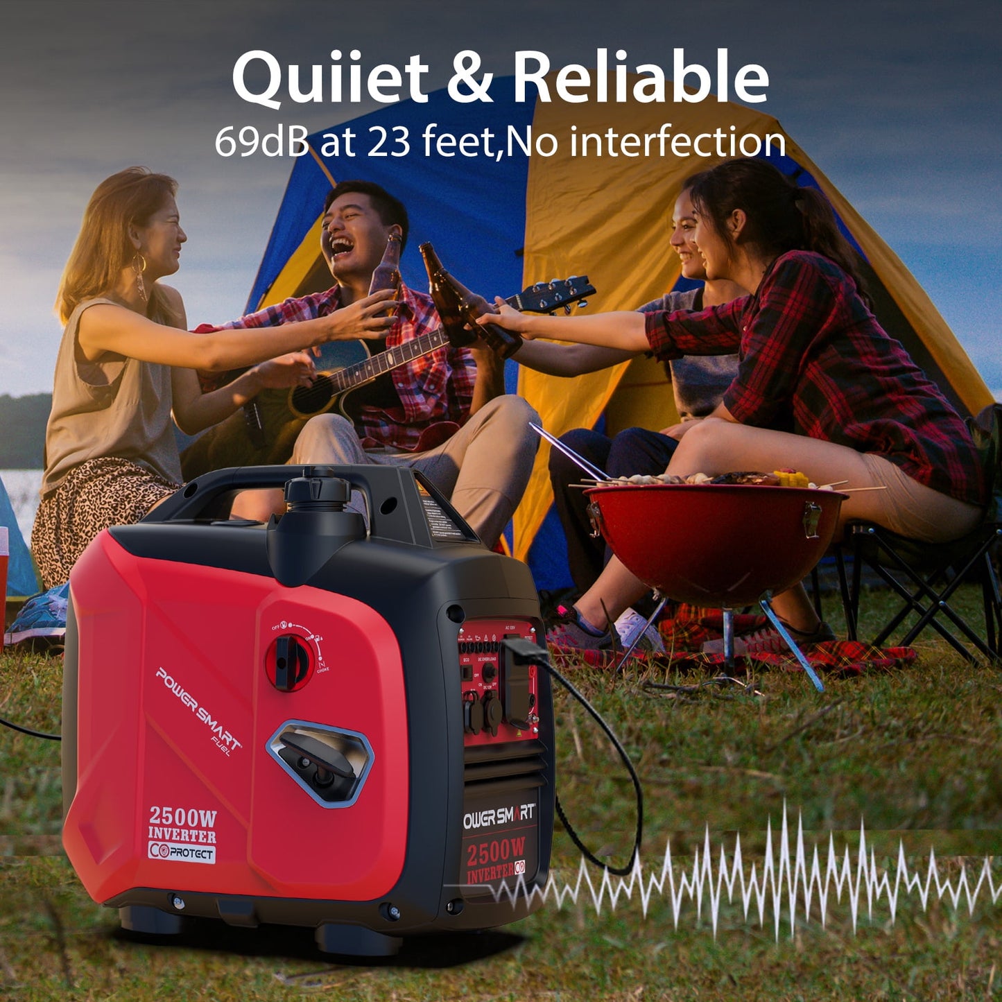 PowerSmart 2500W Portable Inverter Gas Generator, CO Detect Super Quiet Low Oil Shutdown,for Camping