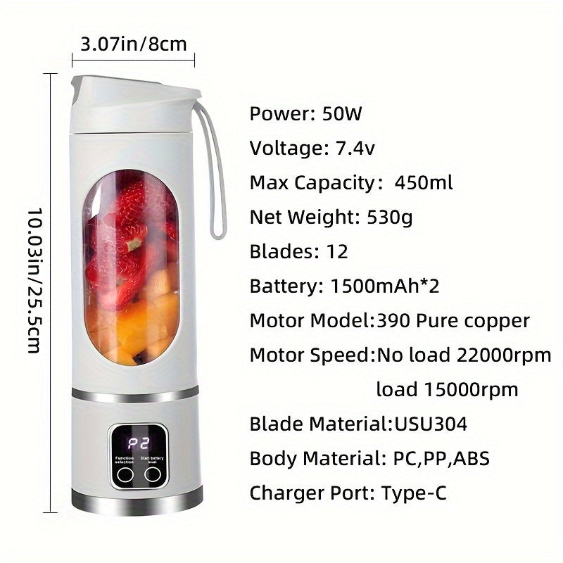 12.85 Oz Rechargeable Portable Blender Cup, Electric USB Juicer Blender