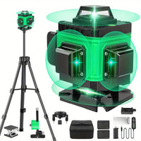 Green Laser Level Kit - 360° Self-Leveling, 16 Lines, Remote Control, Rechargeable Battery, Tripod Stand, Portable Hard Case