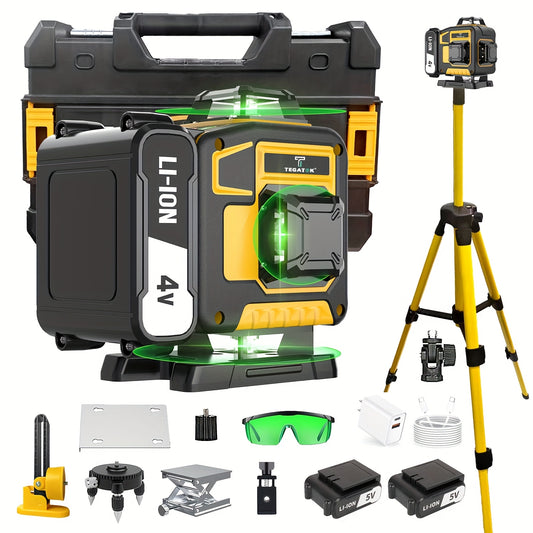 Green Laser Level Kit - 360° Self-Leveling, 16 Lines, Remote Control, Rechargeable Battery, Tripod Stand, Portable Hard Case
