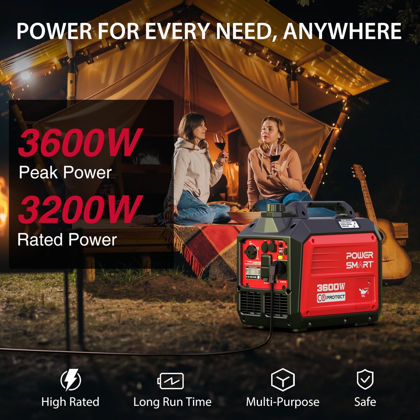 PowerSmart Portable Gas Powered Generator 3600W, CO Detect USB Output, Low Noise for Camping & Home