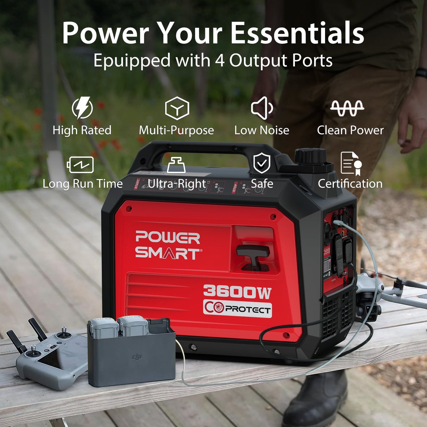 PowerSmart Portable Gas Powered Generator 3600W, CO Detect USB Output, Low Noise for Camping & Home