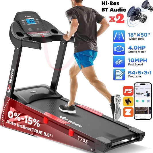 4HP Folding Treadmill with 15% Auto Incline, 10MPH Compact Treadmills for Home with 300LBS Capacity