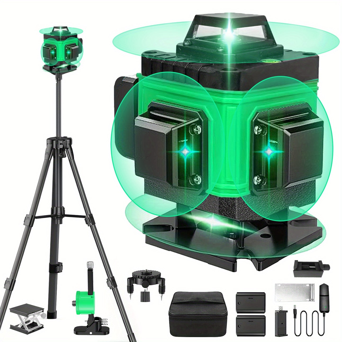 Green Laser Level Kit - 360° Self-Leveling, 16 Lines, Remote Control, Rechargeable Battery, Tripod Stand, Portable Hard Case