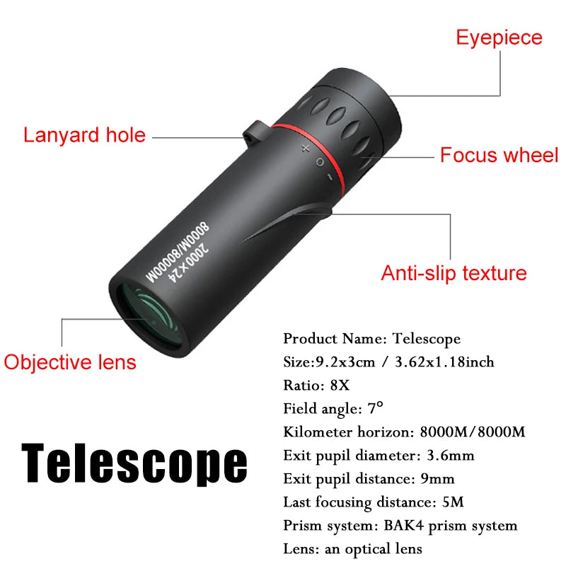 2000X24 HD Monocular Telescope Outdoor Mini Portable Zoom Telescope Phone Telescope Travel Hiking Camping Birdwatching Telescope