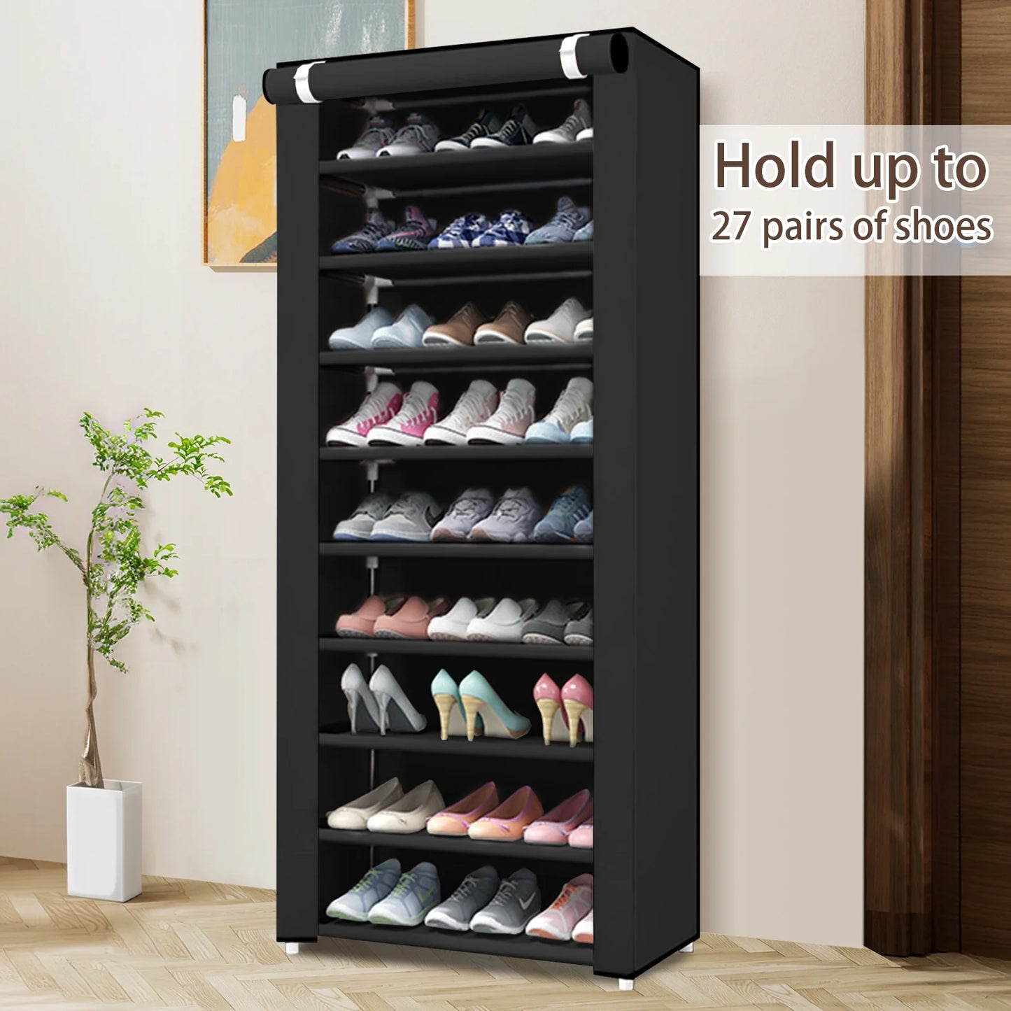 10-Tier Shoe Rack Organizer for Entryway, 27 Pairs Capacity Shoe Storage Shelf, 62.99*23.62*15.7 Inch, Black