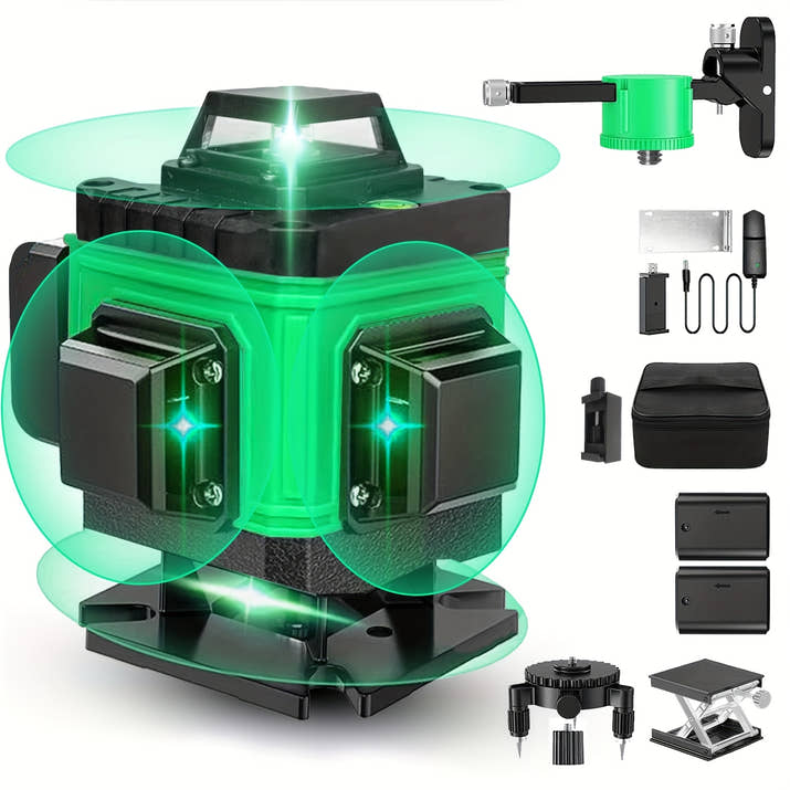 Green Laser Level Kit - 360° Self-Leveling, 16 Lines, Remote Control, Rechargeable Battery, Tripod Stand, Portable Hard Case