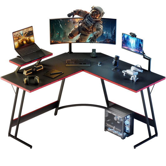 L-Shaped Gaming Desk 51.2 Inches Corner Office Desk with Removable Monitor Riser, Black